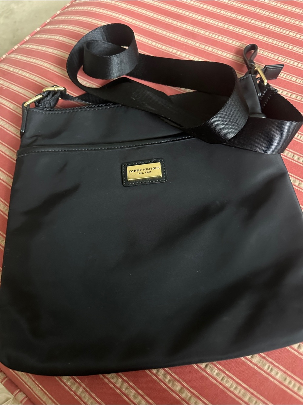 Tommy Hilfiger Black Nylon Messenger Crossbody Bag with Gold Accent